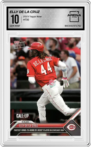 Elly De La Cruz from the 2023 Topps Now set graded by Arena Club and given an overall grade of 10.