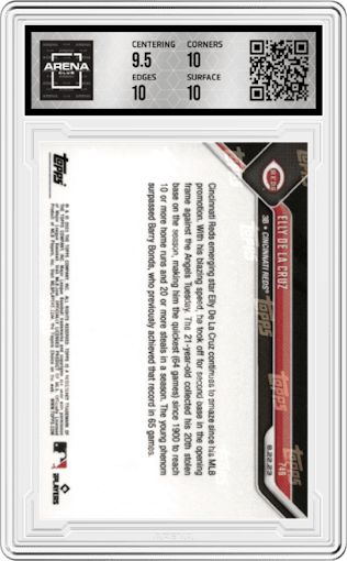 Elly De La Cruz from the 2023 Topps Now set graded by Arena Club and given an overall grade of 10.