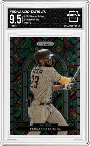 Fernando Tatis Jr.  from the 2022 Panini Prizm set graded by Arena Club and given an overall grade of 9.5.