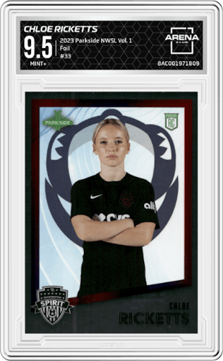 Chloe Ricketts from the 2023 Parkside NWSL Vol. 1 set featuring a Foil parallel graded by Arena Club and given an overall grade of 9.5.