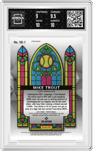 Mike Trout from the 2021 Panini Prizm set featuring a Purple Prizm parallel graded by Arena Club and given an overall grade of 9.5.