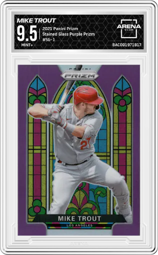 Mike Trout from the 2021 Panini Prizm set featuring a Purple Prizm parallel graded by Arena Club and given an overall grade of 9.5.