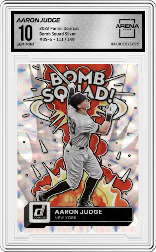 Aaron Judge from the 2022 Panini Donruss set featuring a Silver parallel graded by Arena Club and given an overall grade of 10.