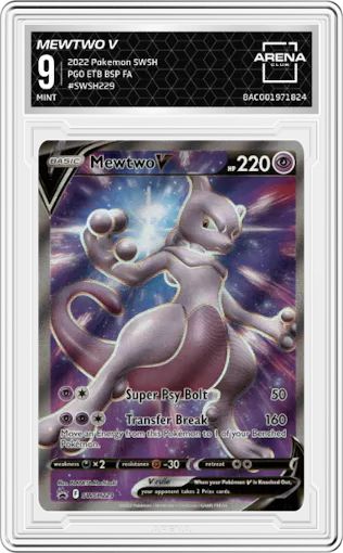 Mewtwo V from the 2022 Pokemon SWSH set featuring a Pokemon Go Elite Trainer Box parallel graded by Arena Club and given an overall grade of 9.