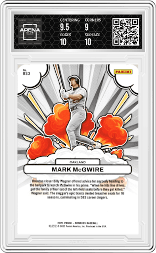 Mark McGwire from the 2023 Donruss set featuring a Red parallel graded by Arena Club and given an overall grade of 9.5.