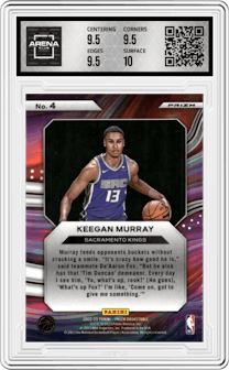 Keegan Murray from the 2022-23 Panini Prizm  set featuring a Silver Prizm parallel graded by Arena Club and given an overall grade of 10.