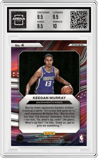 Keegan Murray from the 2022-23 Panini Prizm  set featuring a Silver Prizm parallel graded by Arena Club and given an overall grade of 10.