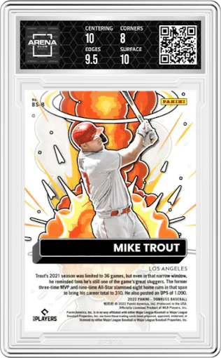 Mike Trout from the 2022 Panini Donruss set featuring a Blue parallel graded by Arena Club and given an overall grade of 8.5.