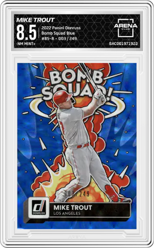Mike Trout from the 2022 Panini Donruss set featuring a Blue parallel graded by Arena Club and given an overall grade of 8.5.