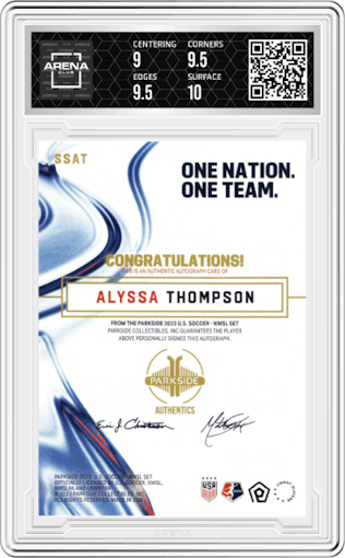 Alyssa Thompson from the 2023 Parkside USWNT One Nation. One Team. Collectible Team Set set graded by Arena Club and given an overall grade of 9.5.