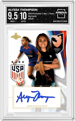 Alyssa Thompson from the 2023 Parkside USWNT One Nation. One Team. Collectible Team Set set graded by Arena Club and given an overall grade of 9.5.