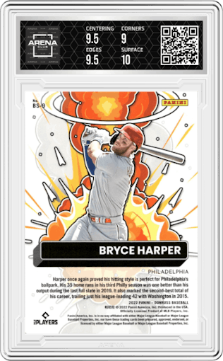 Bryce Harper  from the 2022 Panini Donruss set featuring a Diamond parallel graded by Arena Club and given an overall grade of 9.5.