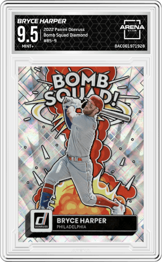 Bryce Harper  from the 2022 Panini Donruss set featuring a Diamond parallel graded by Arena Club and given an overall grade of 9.5.