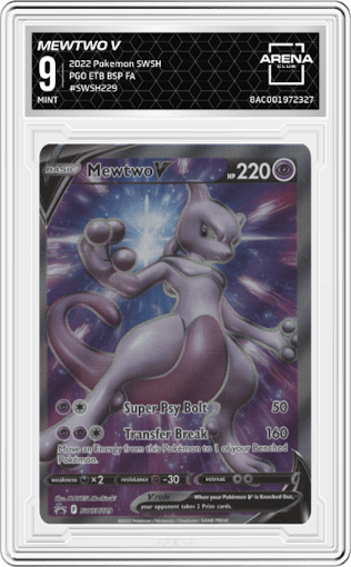 Mewtwo V from the 2022 Pokemon SWSH set featuring a Pokemon Go Elite Trainer Box parallel graded by Arena Club and given an overall grade of 9.