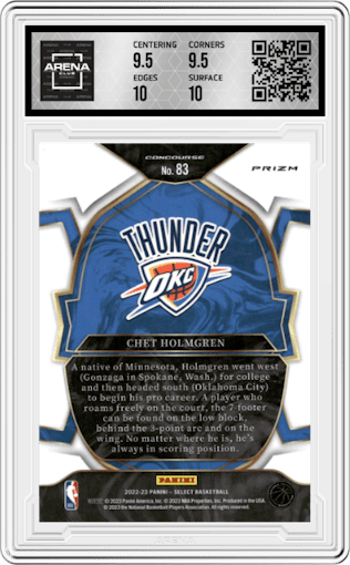 Chet Holmgren from the 2022-23 Panini Select set featuring a Red Cracked Ice parallel graded by Arena Club and given an overall grade of 10.