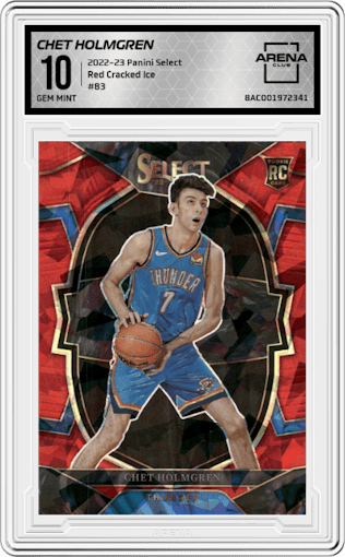 Chet Holmgren from the 2022-23 Panini Select set featuring a Red Cracked Ice parallel graded by Arena Club and given an overall grade of 10.