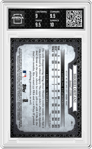 Shohei Ohtani from the 2019 Bowman  set graded by Arena Club and given an overall grade of 9.5.