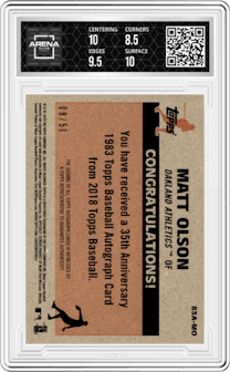 Matt Olson from the 2018 Topps Series 1 set featuring a Gold parallel graded by Arena Club and given an overall grade of 9.