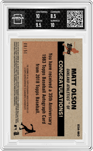 Matt Olson from the 2018 Topps Series 1 set featuring a Gold parallel graded by Arena Club and given an overall grade of 9.