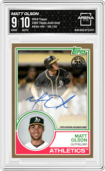 Matt Olson from the 2018 Topps Series 1 set featuring a Gold parallel graded by Arena Club and given an overall grade of 9.