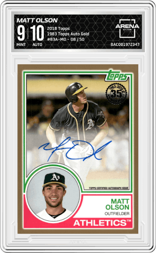 Matt Olson from the 2018 Topps Series 1 set featuring a Gold parallel graded by Arena Club and given an overall grade of 9.