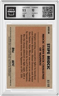 Stipe Miocic from the 2018 Topps UFC Chrome  set featuring a Wave Refractor parallel graded by Arena Club and given an overall grade of 10.