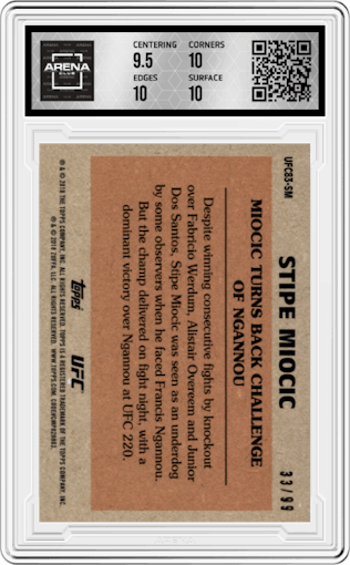 Stipe Miocic from the 2018 Topps UFC Chrome  set featuring a Wave Refractor parallel graded by Arena Club and given an overall grade of 10.