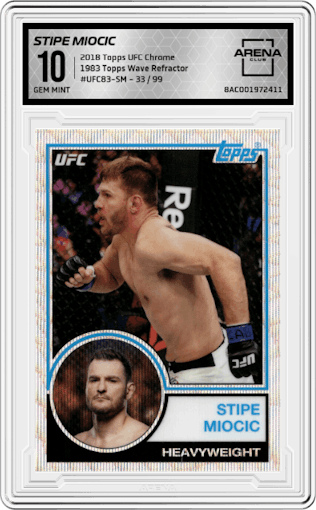 Stipe Miocic from the 2018 Topps UFC Chrome  set featuring a Wave Refractor parallel graded by Arena Club and given an overall grade of 10.