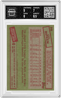 Cal Ripken from the 1985 Topps set graded by Arena Club and given an overall grade of 7.5.