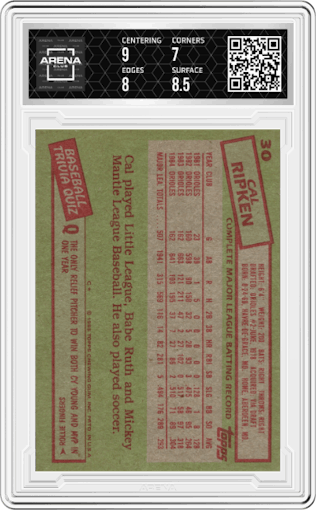 Cal Ripken from the 1985 Topps set graded by Arena Club and given an overall grade of 7.5.