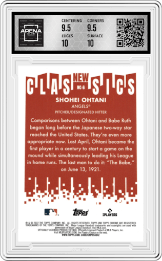 Shohei Ohtani from the 2022 Topps Chrome set graded by Arena Club and given an overall grade of 10.