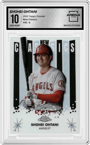 Shohei Ohtani from the 2022 Topps Chrome set graded by Arena Club and given an overall grade of 10.
