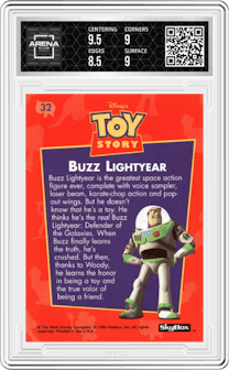 Buzz Lightyear from the 1995 SkyBox Toy Story set graded by Arena Club and given an overall grade of 9.