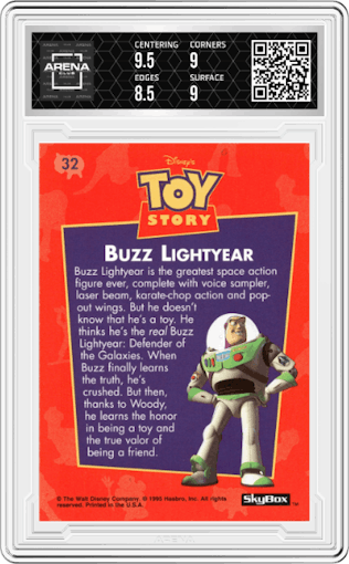 Buzz Lightyear from the 1995 SkyBox Toy Story set graded by Arena Club and given an overall grade of 9.