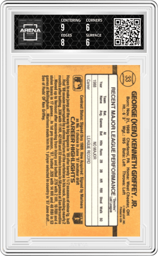 Ken Griffey Jr. from the 1989 Donruss set featuring a Variation parallel graded by Arena Club and given an overall grade of 6.5.