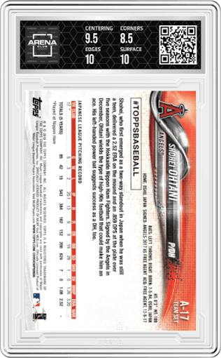 Shohei Ohtani from the 2018 Topps Baseball Factory Team Set set graded by Arena Club and given an overall grade of 9.