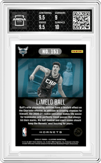LaMelo Ball from the 2020-21 Panini Illusions  set featuring a Trophy Collection Emerald parallel graded by Arena Club and given an overall grade of 9.5.