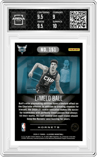 LaMelo Ball from the 2020-21 Panini Illusions  set featuring a Trophy Collection Emerald parallel graded by Arena Club and given an overall grade of 9.5.