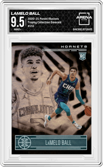 LaMelo Ball from the 2020-21 Panini Illusions  set featuring a Trophy Collection Emerald parallel graded by Arena Club and given an overall grade of 9.5.