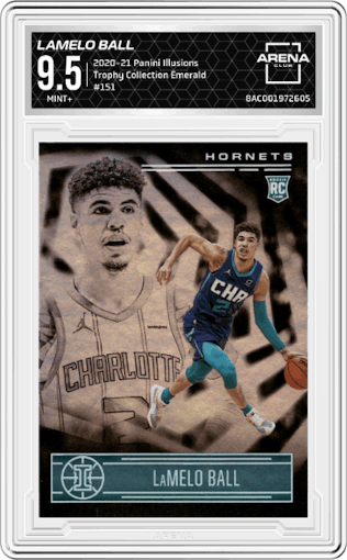 LaMelo Ball from the 2020-21 Panini Illusions  set featuring a Trophy Collection Emerald parallel graded by Arena Club and given an overall grade of 9.5.