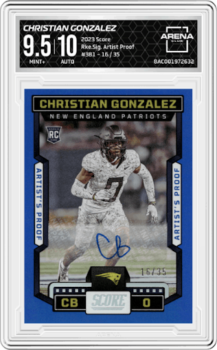 Christian Gonzalez from the 2023 Score set featuring a Artist Proof parallel graded by Arena Club and given an overall grade of 9.5.
