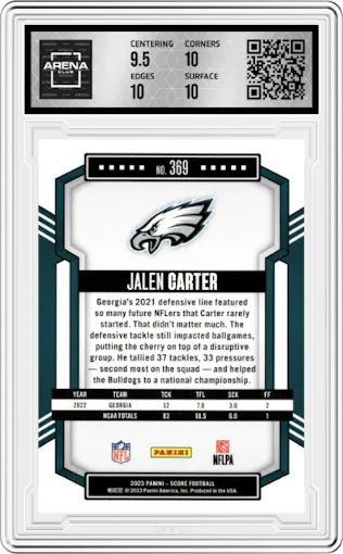 Jalen Carter from the 2023 Score set graded by Arena Club and given an overall grade of 10.