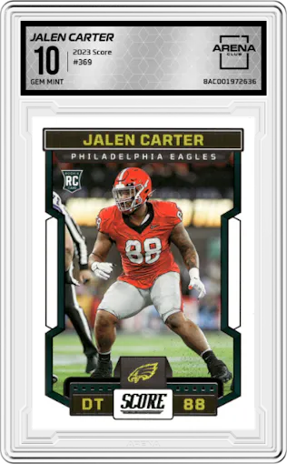 Jalen Carter from the 2023 Score set graded by Arena Club and given an overall grade of 10.
