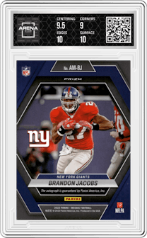Brandon Jacobs from the 2023 Panini Mosaic set graded by Arena Club and given an overall grade of 9.5.