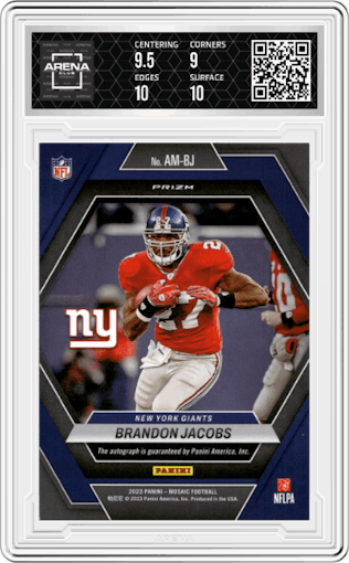 Brandon Jacobs from the 2023 Panini Mosaic set graded by Arena Club and given an overall grade of 9.5.