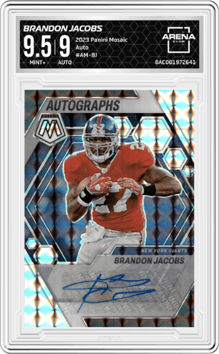 Brandon Jacobs from the 2023 Panini Mosaic set graded by Arena Club and given an overall grade of 9.5.