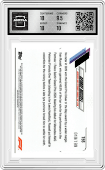 George Russell from the 2021 Topps Chrome F1  set featuring a Purple Checker Flag Refractor parallel graded by Arena Club and given an overall grade of 10.