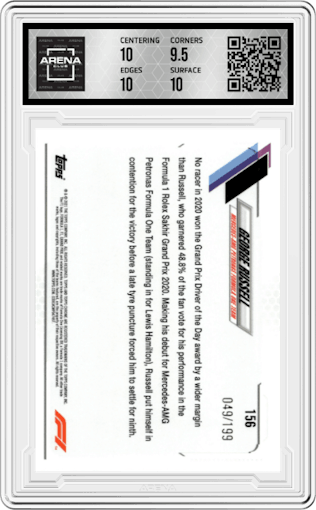 George Russell from the 2021 Topps Chrome F1  set featuring a Purple Checker Flag Refractor parallel graded by Arena Club and given an overall grade of 10.