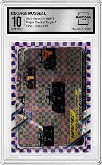 George Russell from the 2021 Topps Chrome F1  set featuring a Purple Checker Flag Refractor parallel graded by Arena Club and given an overall grade of 10.