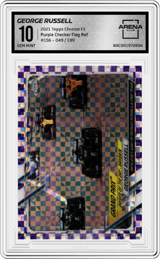 George Russell from the 2021 Topps Chrome F1  set featuring a Purple Checker Flag Refractor parallel graded by Arena Club and given an overall grade of 10.